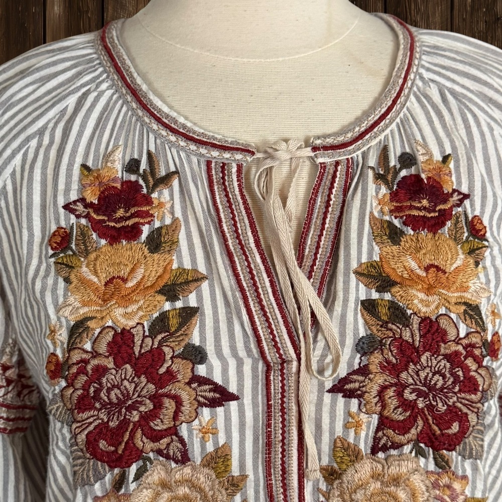 Johnny Was Embroidered Artemis Peasant Top Sz S 42" Bust Striped Art to Wear - Picture 3 of 12